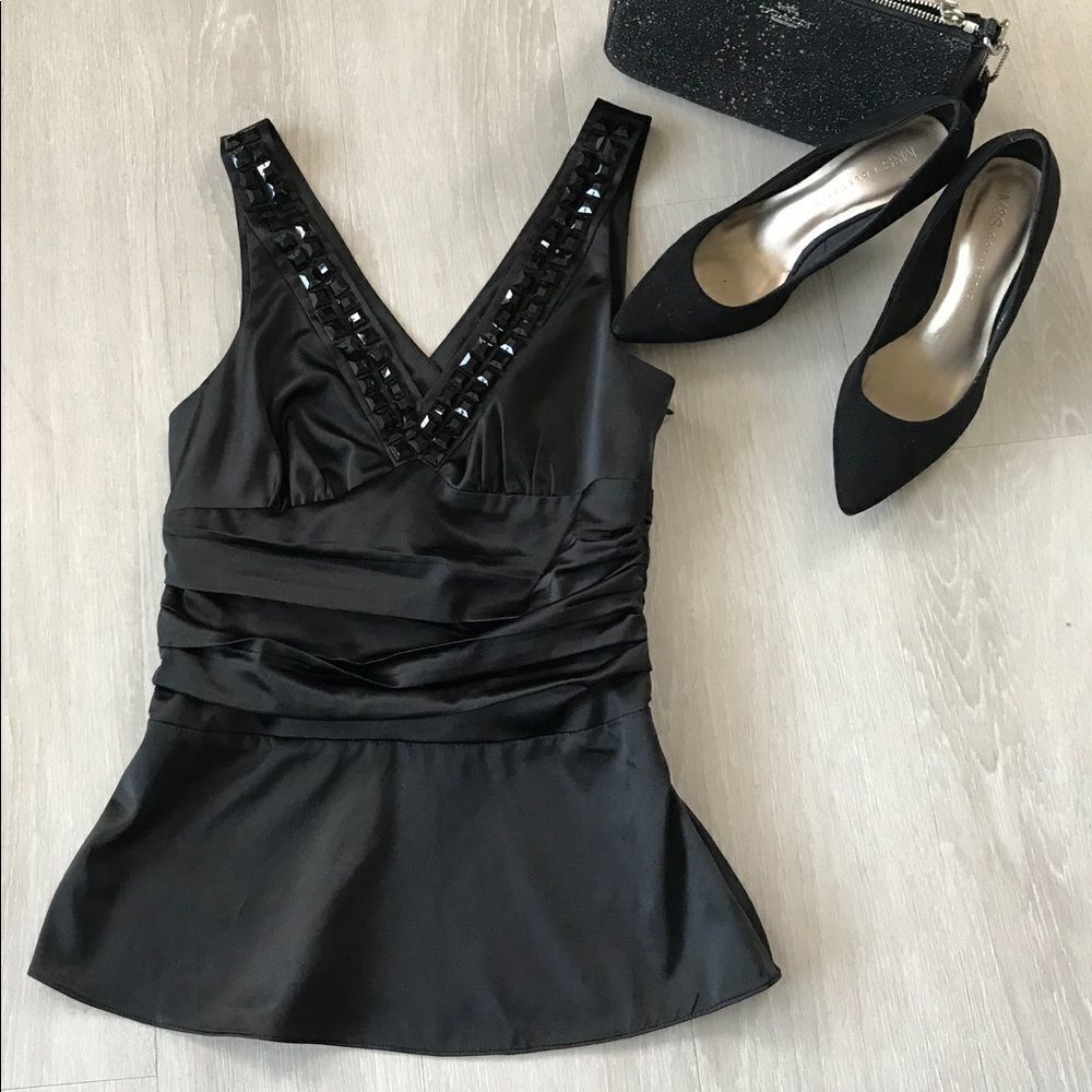 The Limited‎ V-Neck Ruched Embellished Evening Occasion Satin Peplum Top  XS